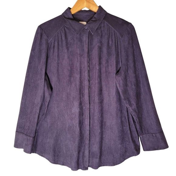 Chicos Reza Faux Suede Blouse Velour Button Top Purple L Eggplant Purpleology - Picture 1 of 15
